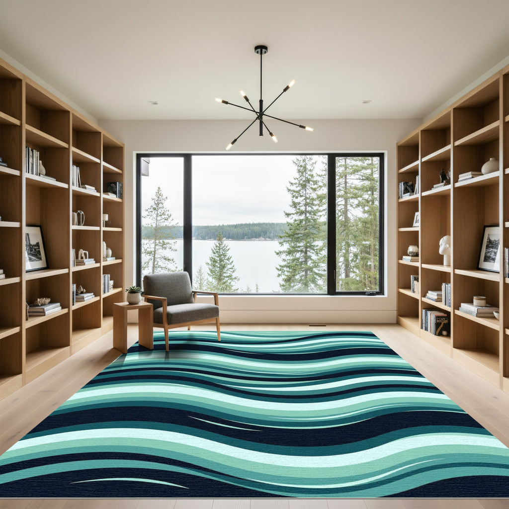 Ocean Teal Wavy Abstract Ripple Rug