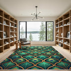 Elegant Emerald Peacock Feather Medallion Rug