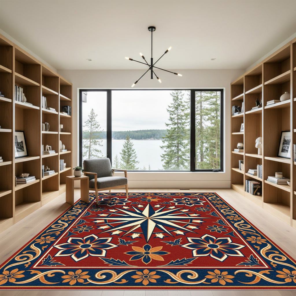 Intricate Crimson Compass Floral Medallion Rug