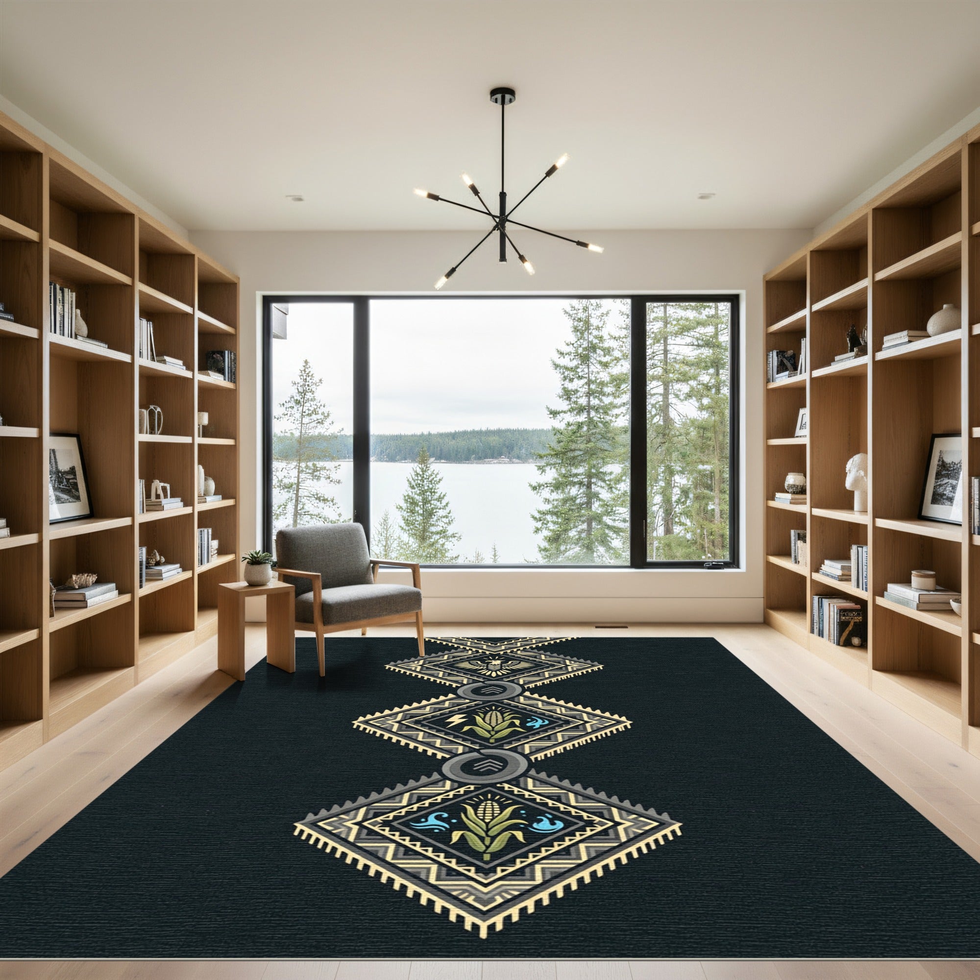 Geometric Aztec Corn and Eagle Earthy Charcoal Rug