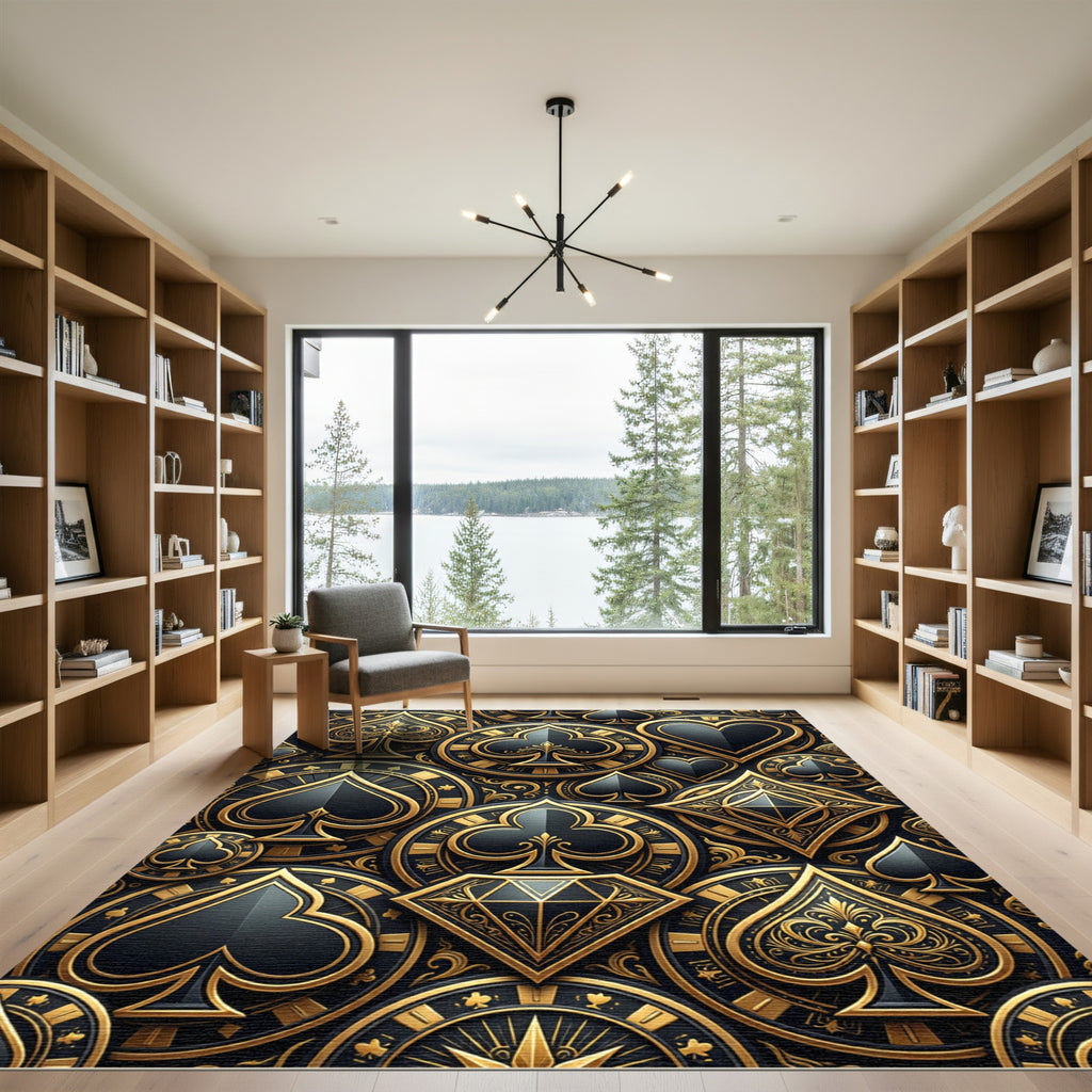 Luxury Black Gold Playing Card Medallion Rug