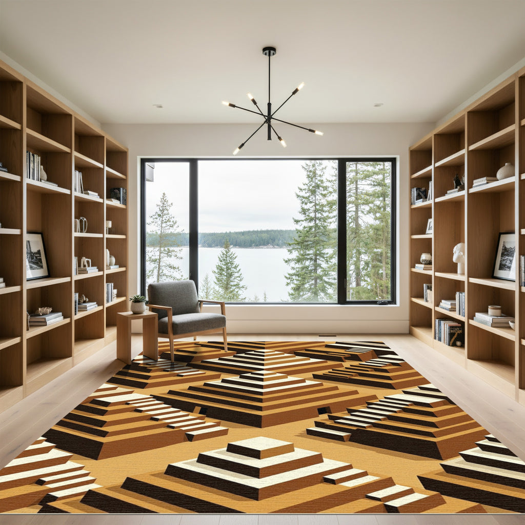 Golden Ochre Isometric Ziggurat Geometric Rug
