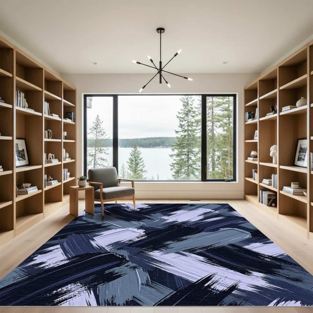 Abstract Navy and Periwinkle Brushstroke Rug