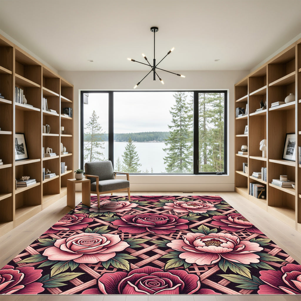 Pink Rose Trellis Floral Arrangement Rug