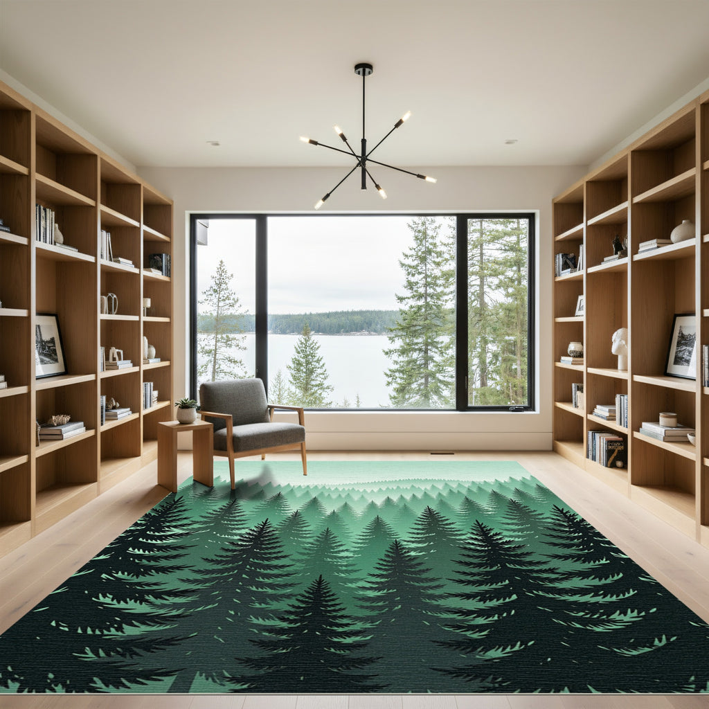 Misty Evergreen Forest Conifer Landscape Rug