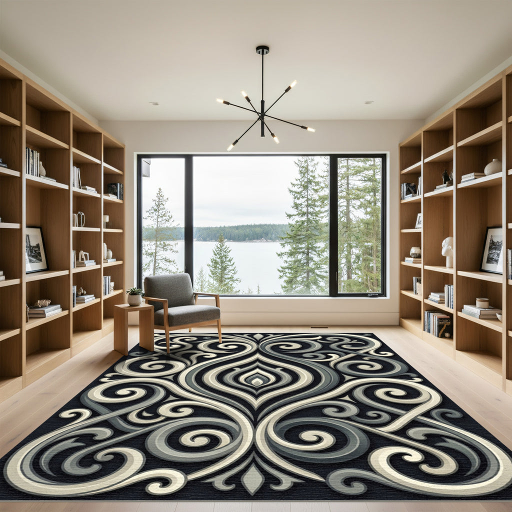 Elegant Monochrome Scrolling Filigree Swirls Rug
