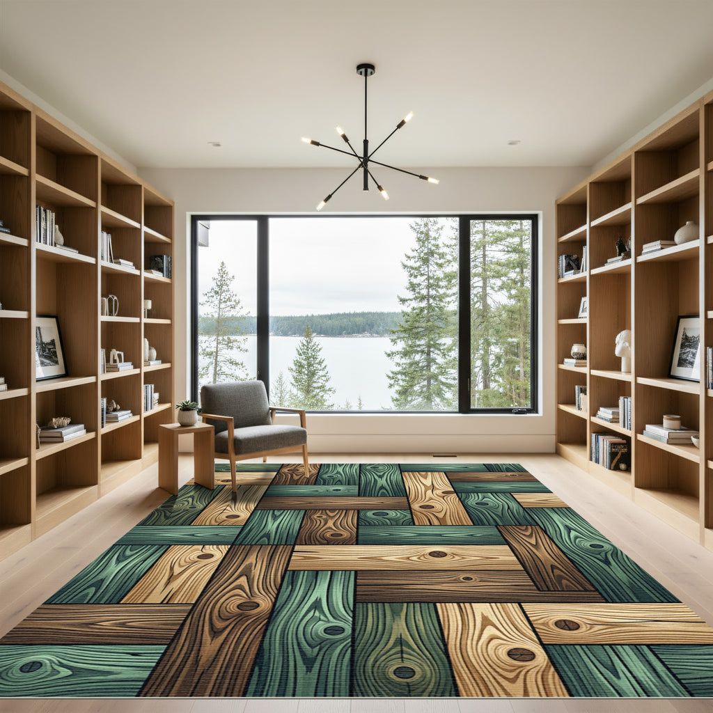 Rustic Green and Natural Wood Plank Rug
