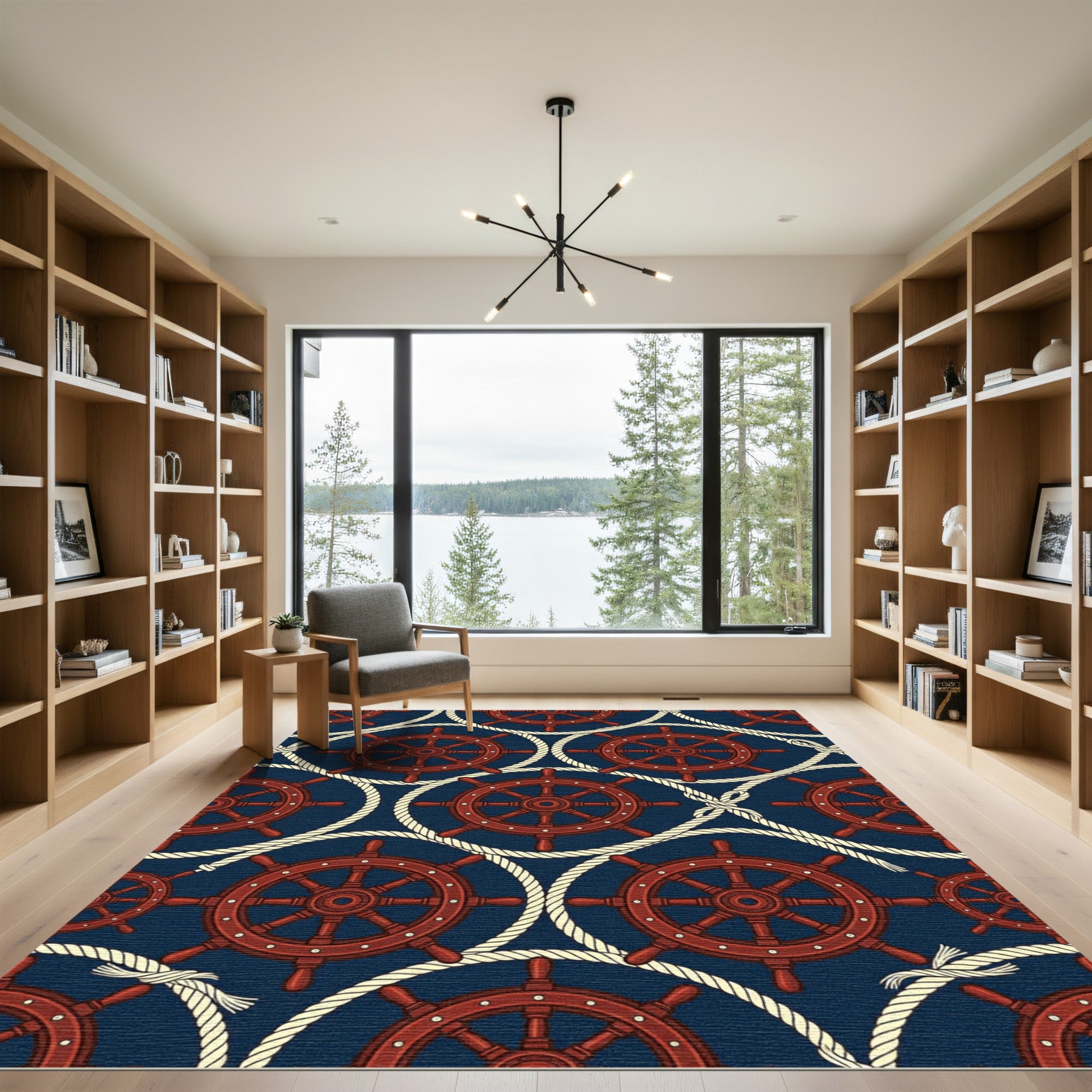 Nautical Navy Ship Wheel Rope Tile Rug