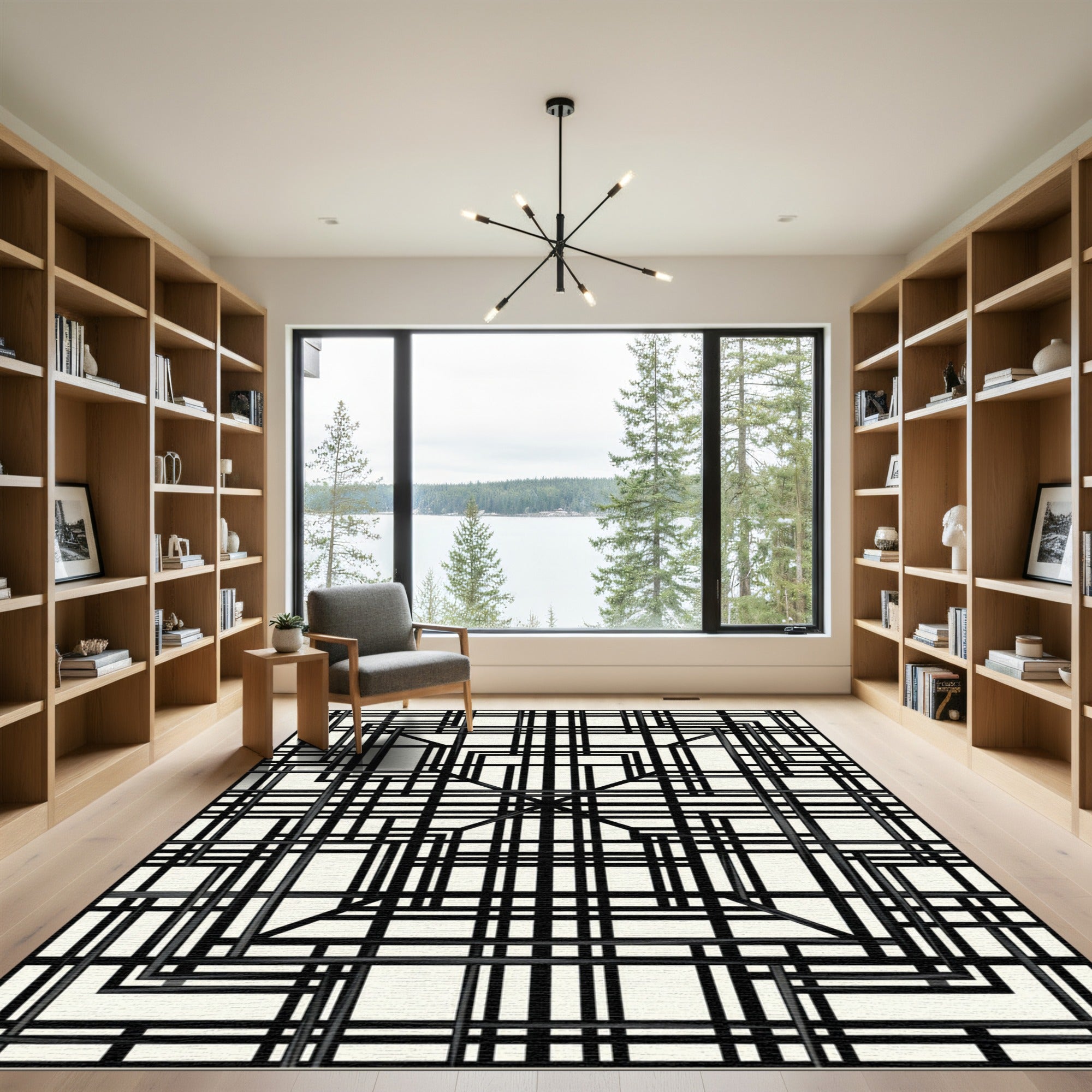 Modern Black and Ivory Geometric Grid Rug