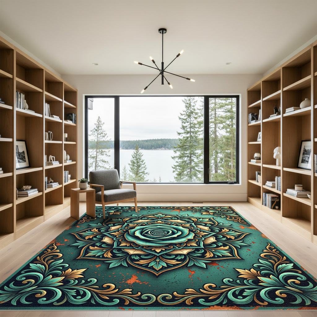 Teal Rose Ornate Floral Medallion Rug