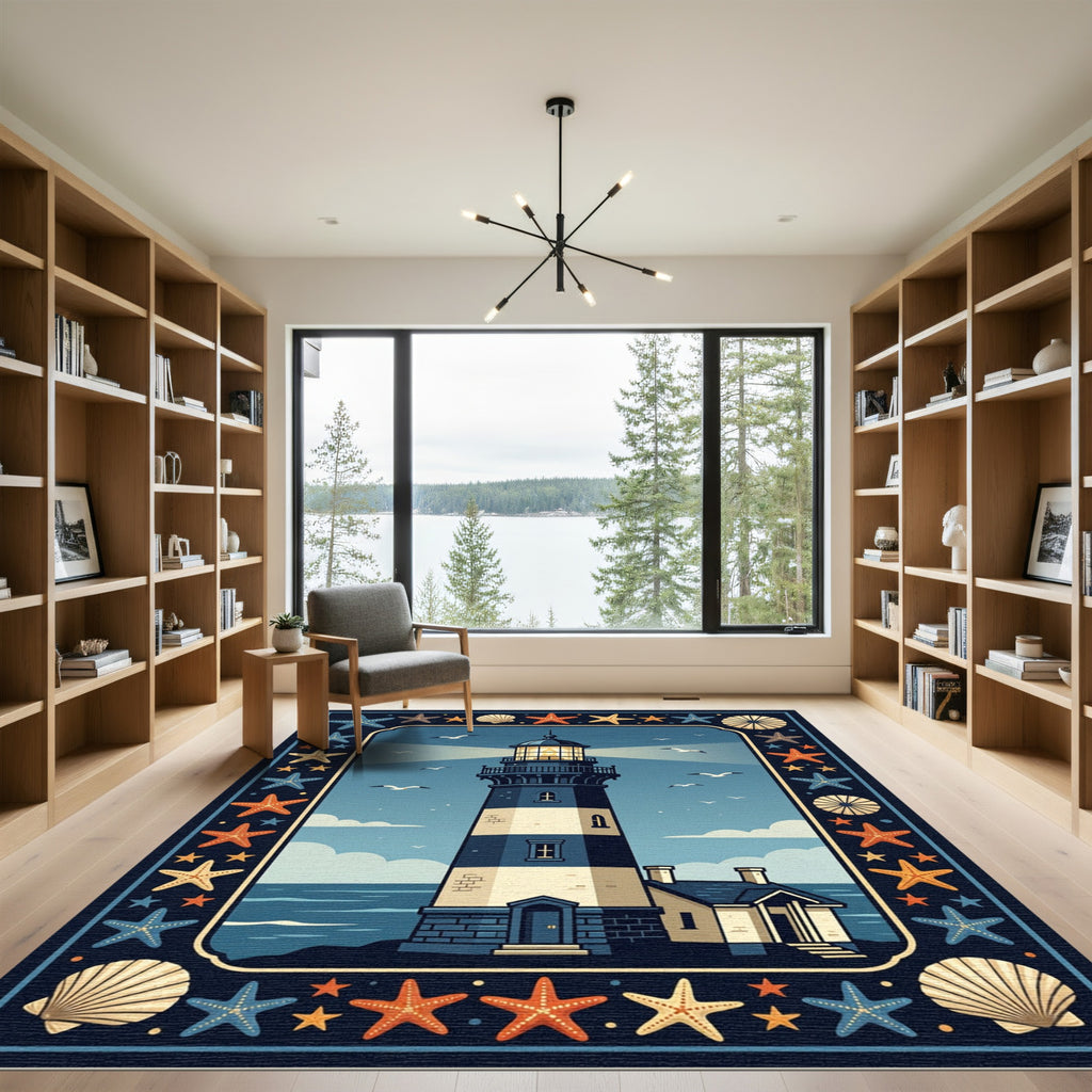 Nautical Lighthouse and Seashell Illustration Rug