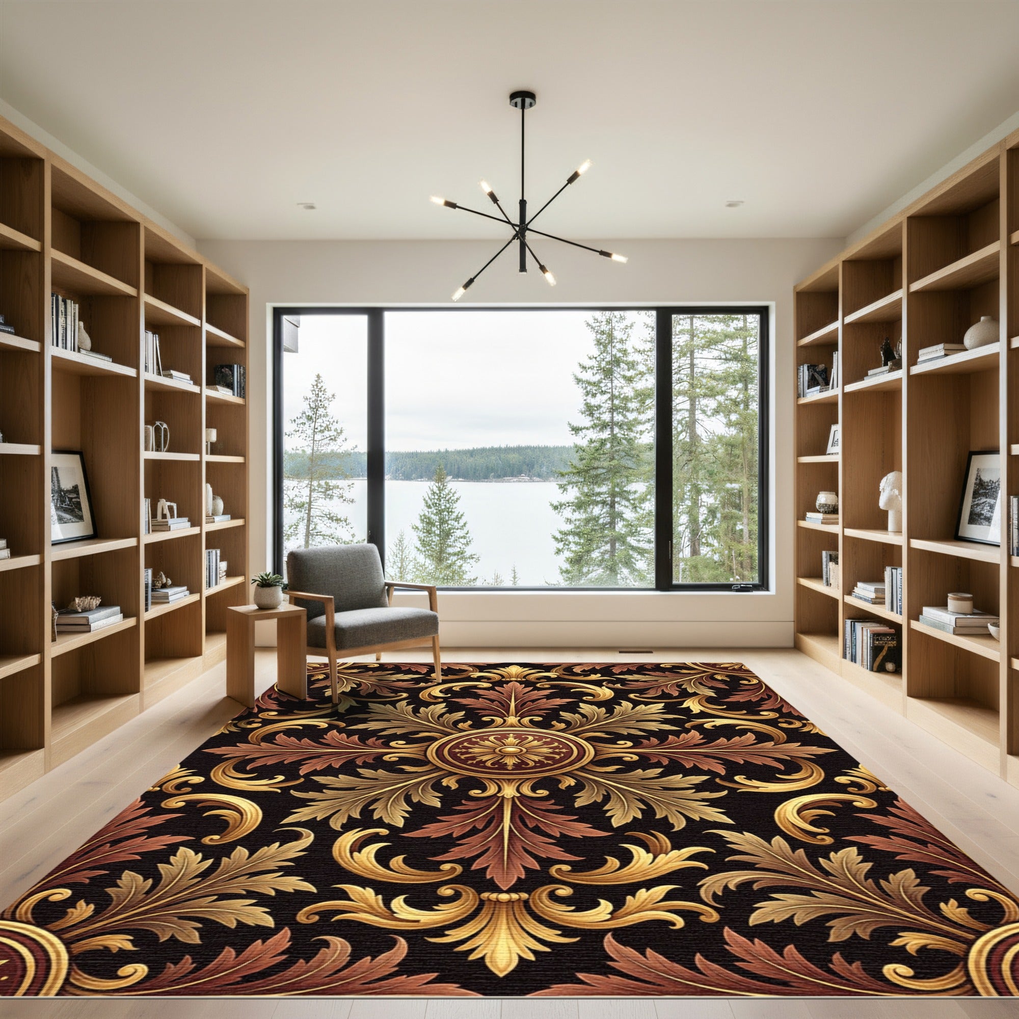 Ornate Gold Crimson Damask Rug