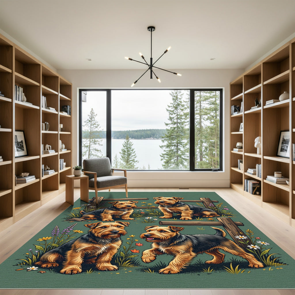 Terrier Dogs and Wildflowers Meadow Illustration Rug