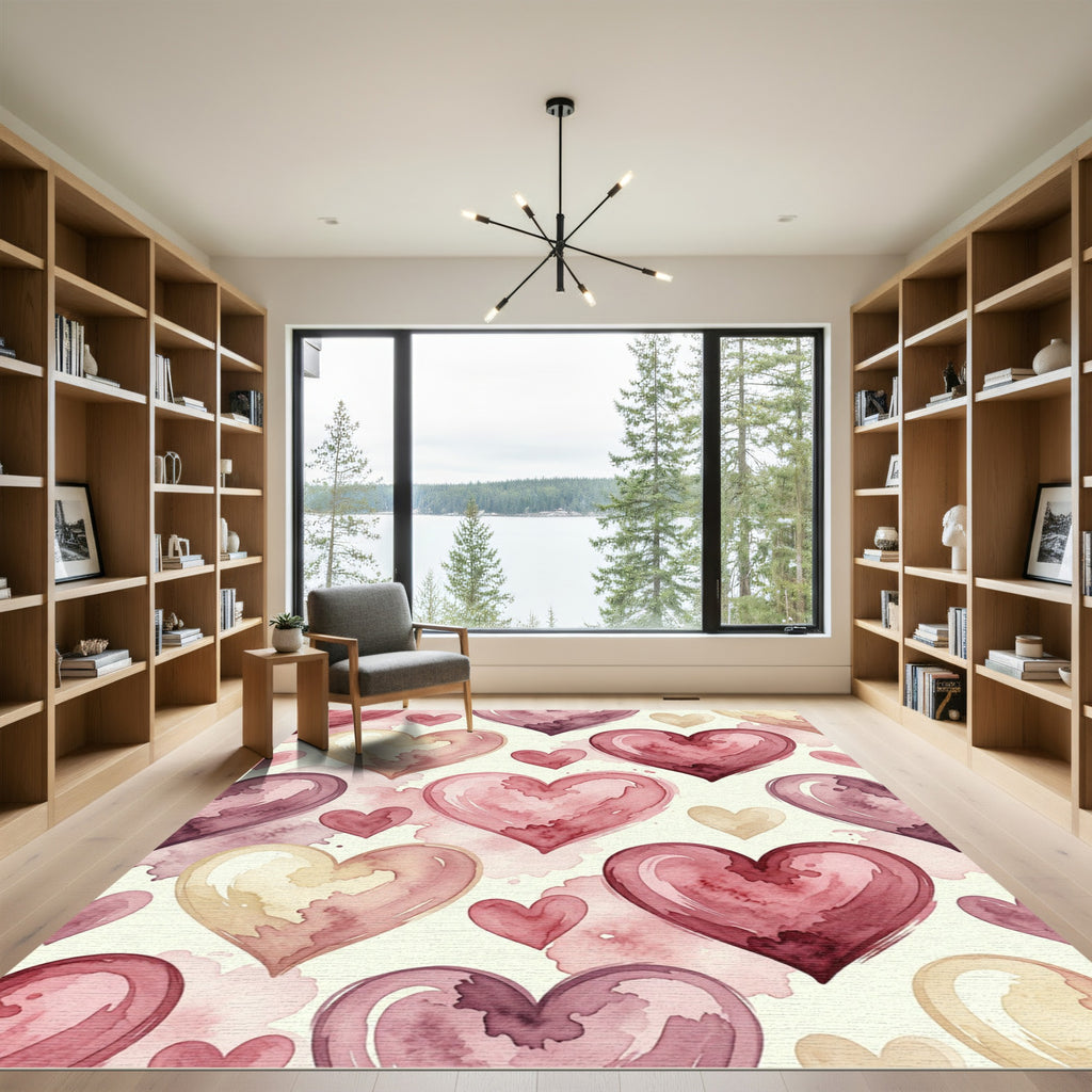 Watercolor Romantic Pink Heart Collage Rug