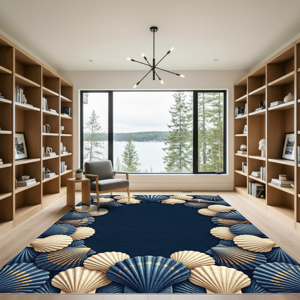 Coastal Navy and Cream Shell Border Rug