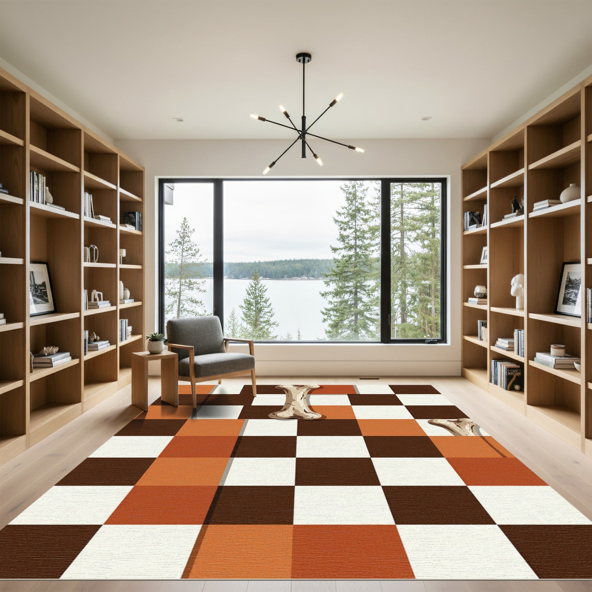Brown White Orange Bone Checkerboard Rug