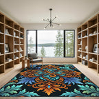 Ornate Azure and Amber Damask Swirl Rug