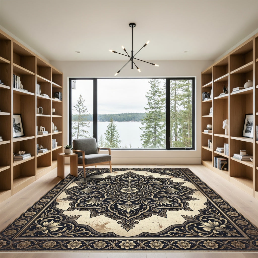 Antique Black Gold Floral Medallion Rug