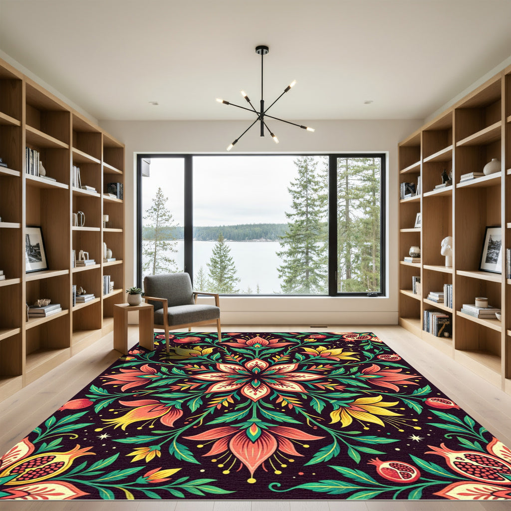 Vibrant Botanical Pomegranate Floral Medallion Rug