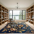 Elegant Navy and Gold Floral Bouquet Rug
