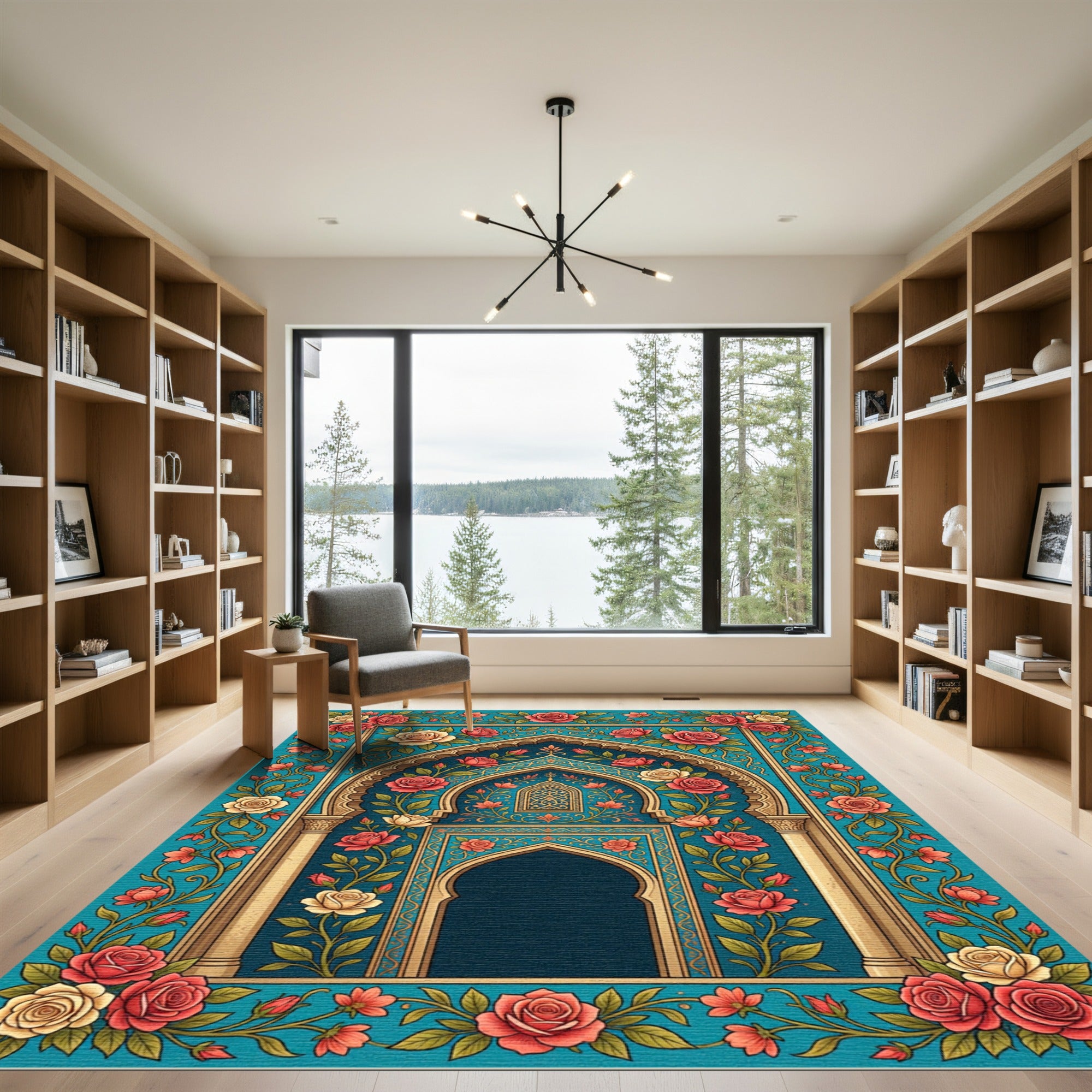 Ornate Floral Arch Rose Teal Tapestry Rug