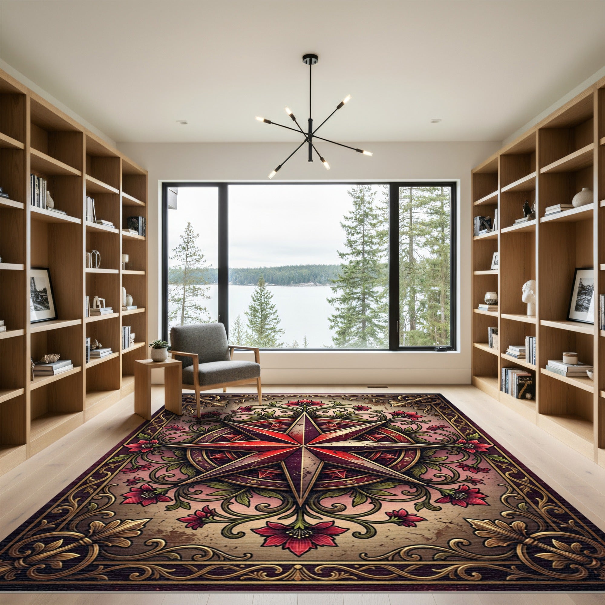 Vintage Crimson Floral Compass Medallion Rug