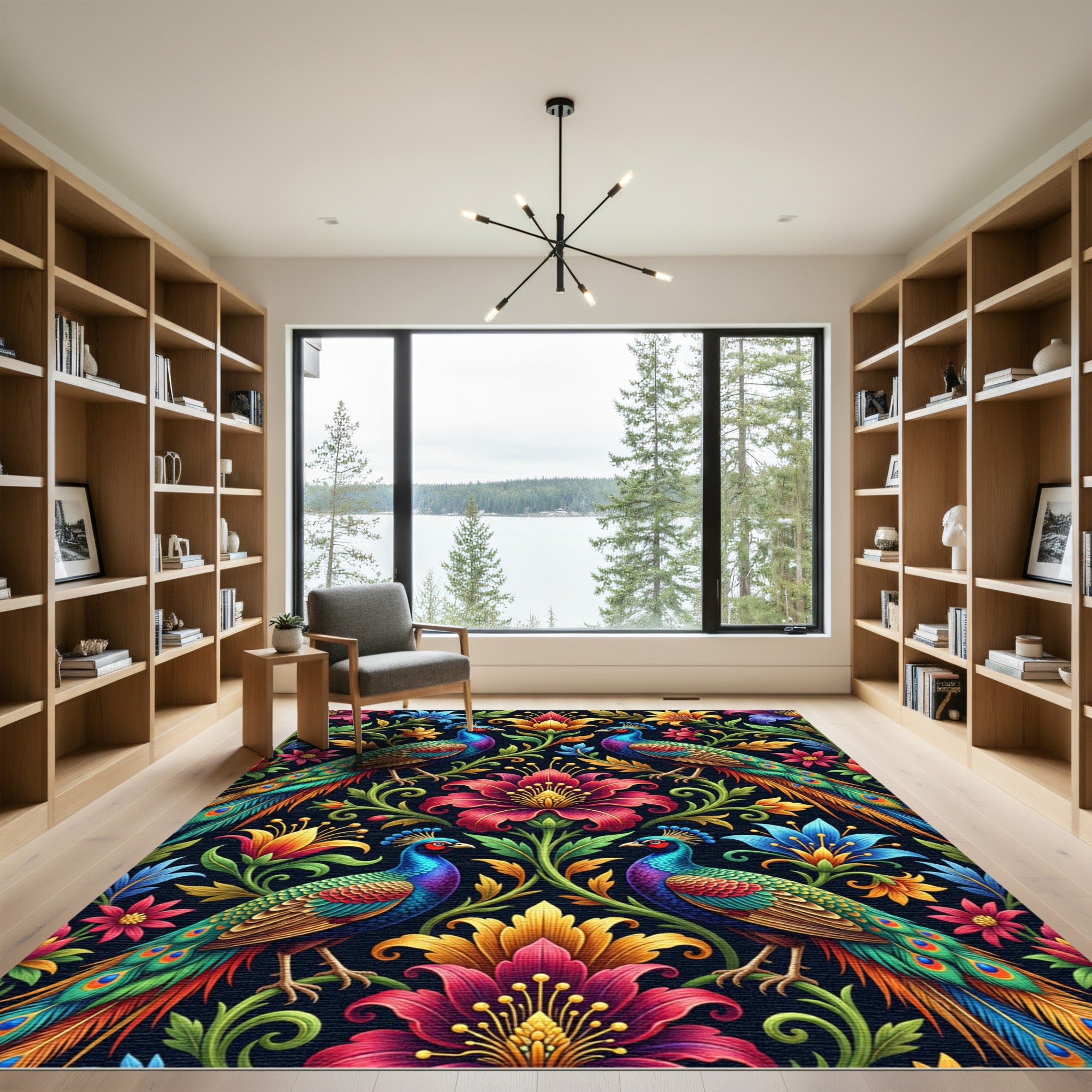 Vibrant Peacock Floral Botanical Art Rug