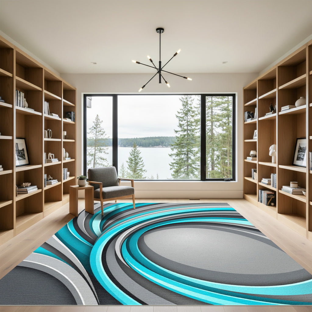 Modern Cyan and Silver Swirling Abstract Rug