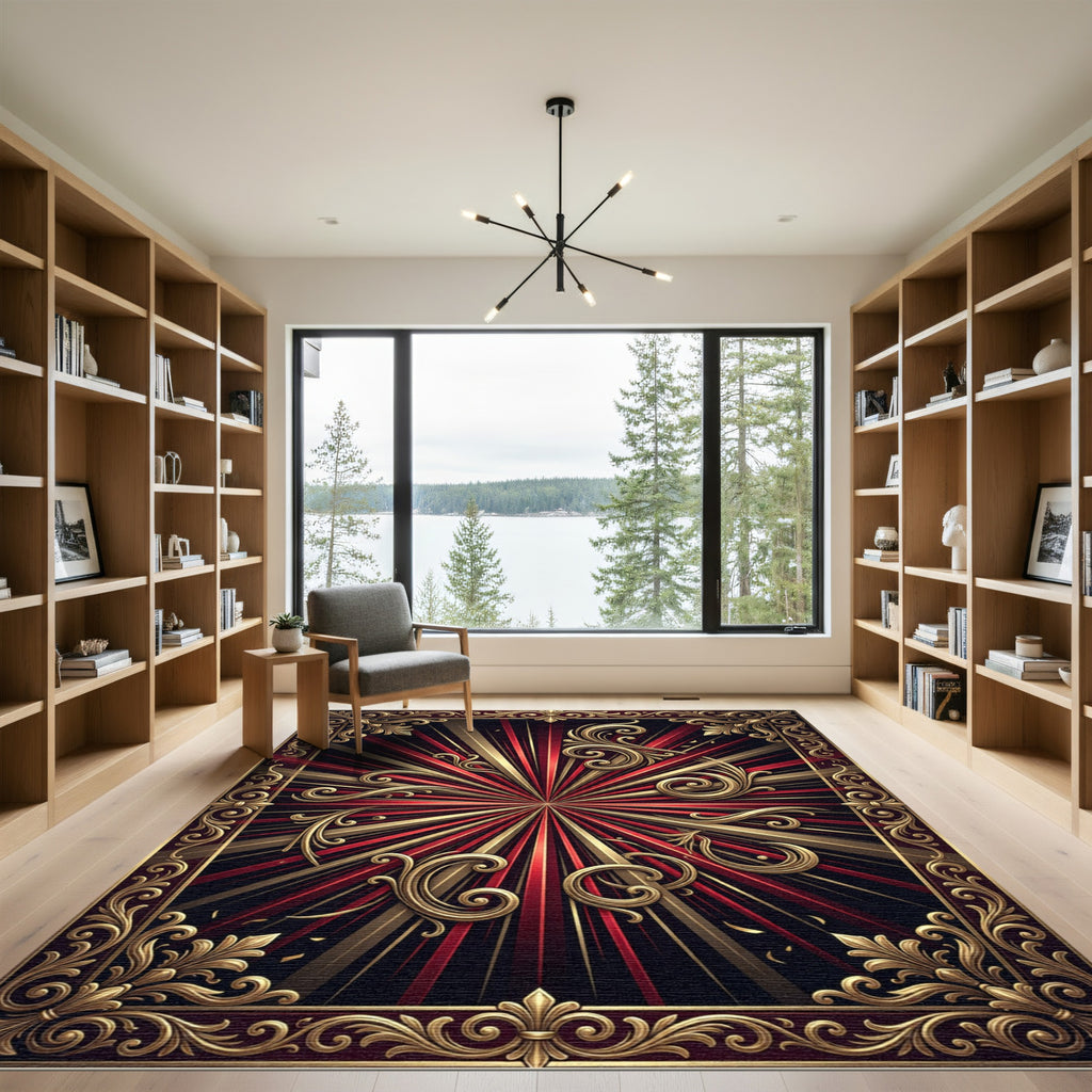 Regal Red Sunburst Swirls Frame Rug