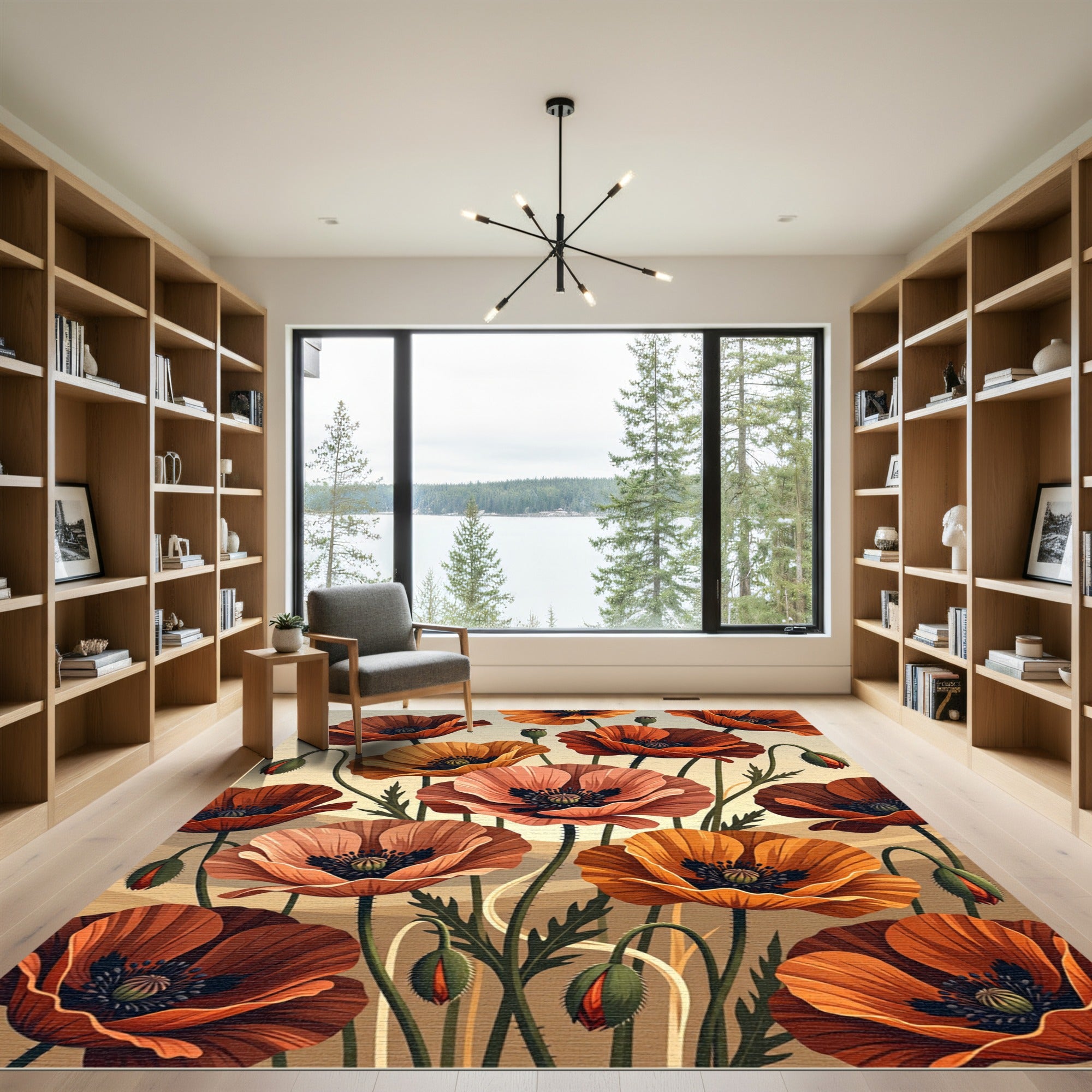 Vibrant Orange Poppy Field Floral Rug