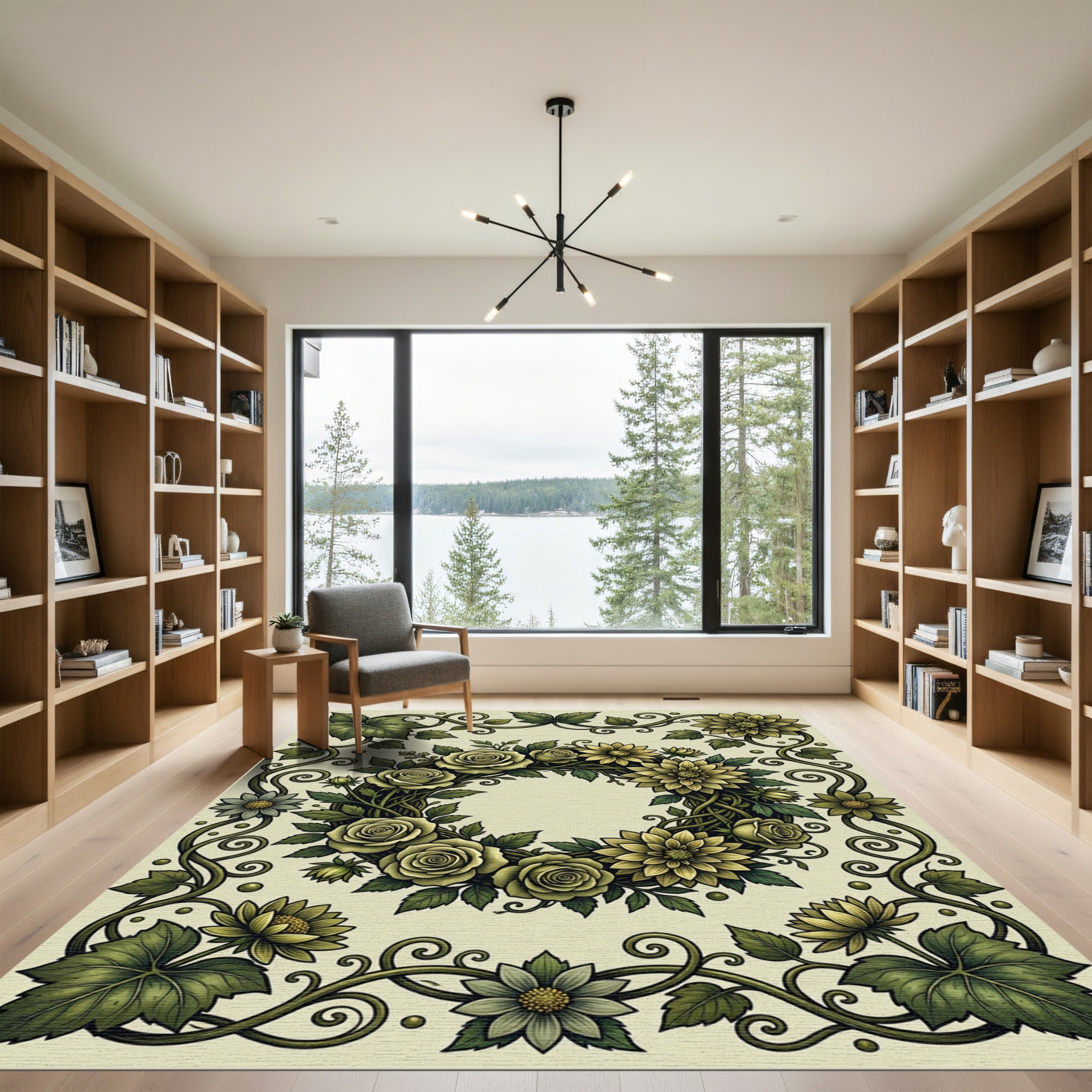 Elegant Sage Botanical Floral Wreath Rug