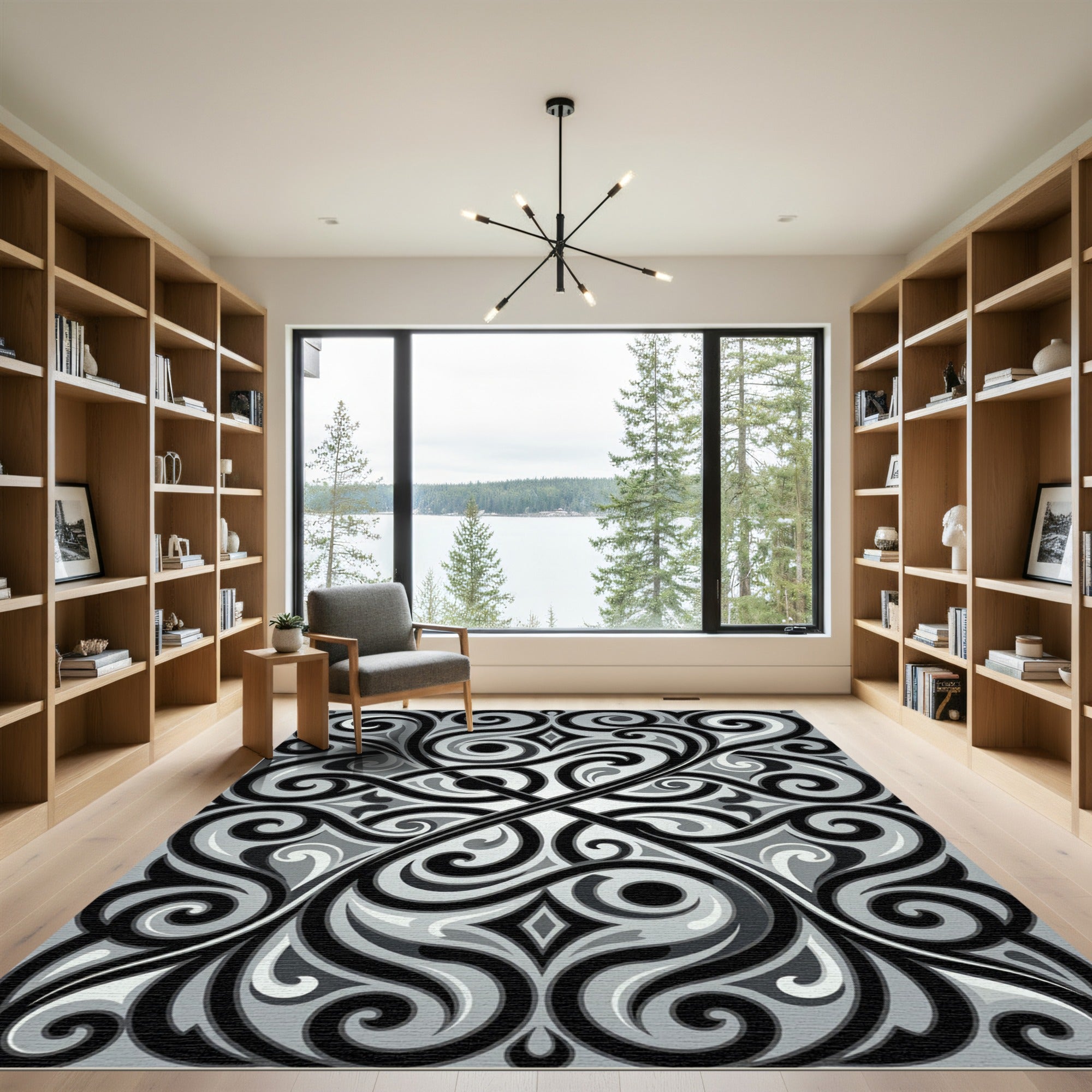 Elegant Monochrome Swirling Scroll Ornament Rug