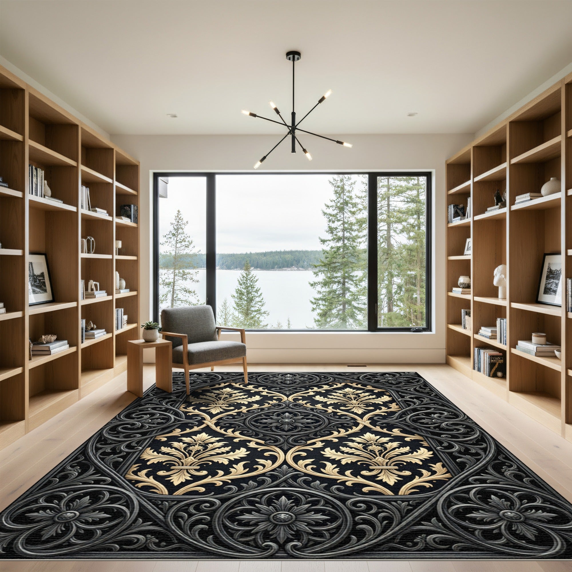 Ornate Black Gold Damask Filigree Rug