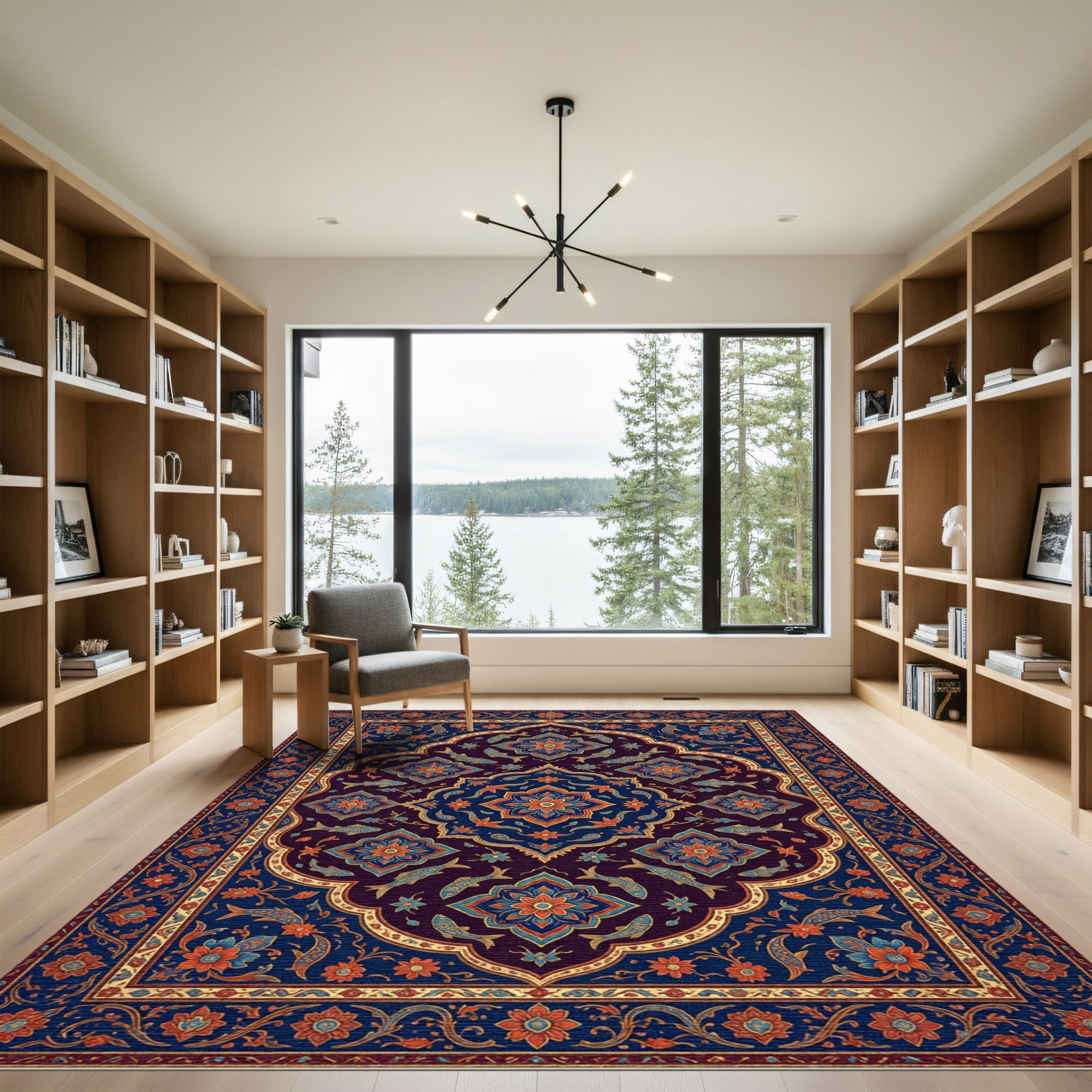 Navy Deep Blue Floral Fish Medallion Rug