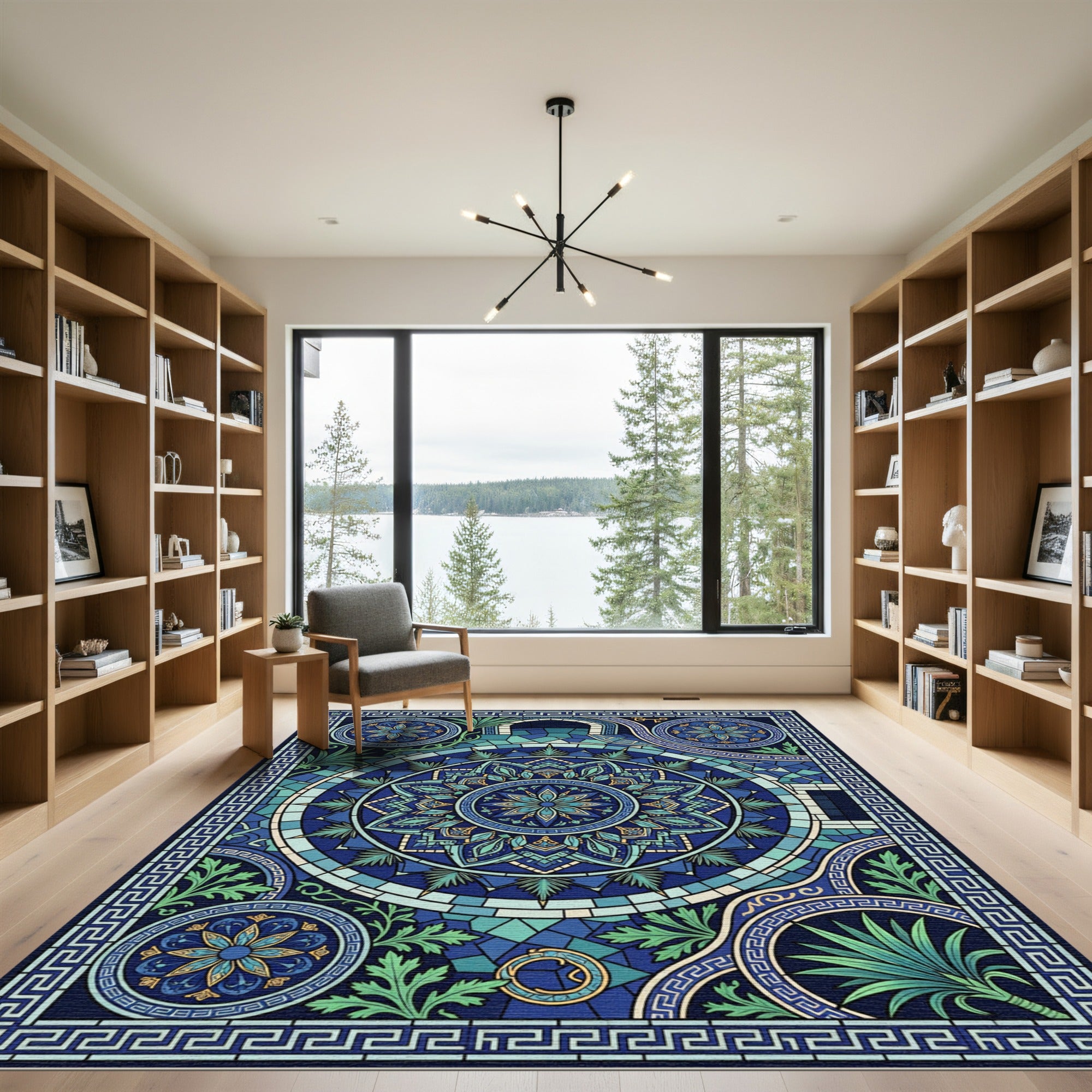 Deep Blue Stained Glass Floral Medallion Rug