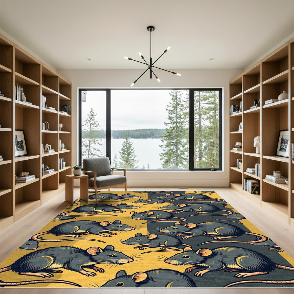 Whimsical Black and Gold Mouse Illustration Rug