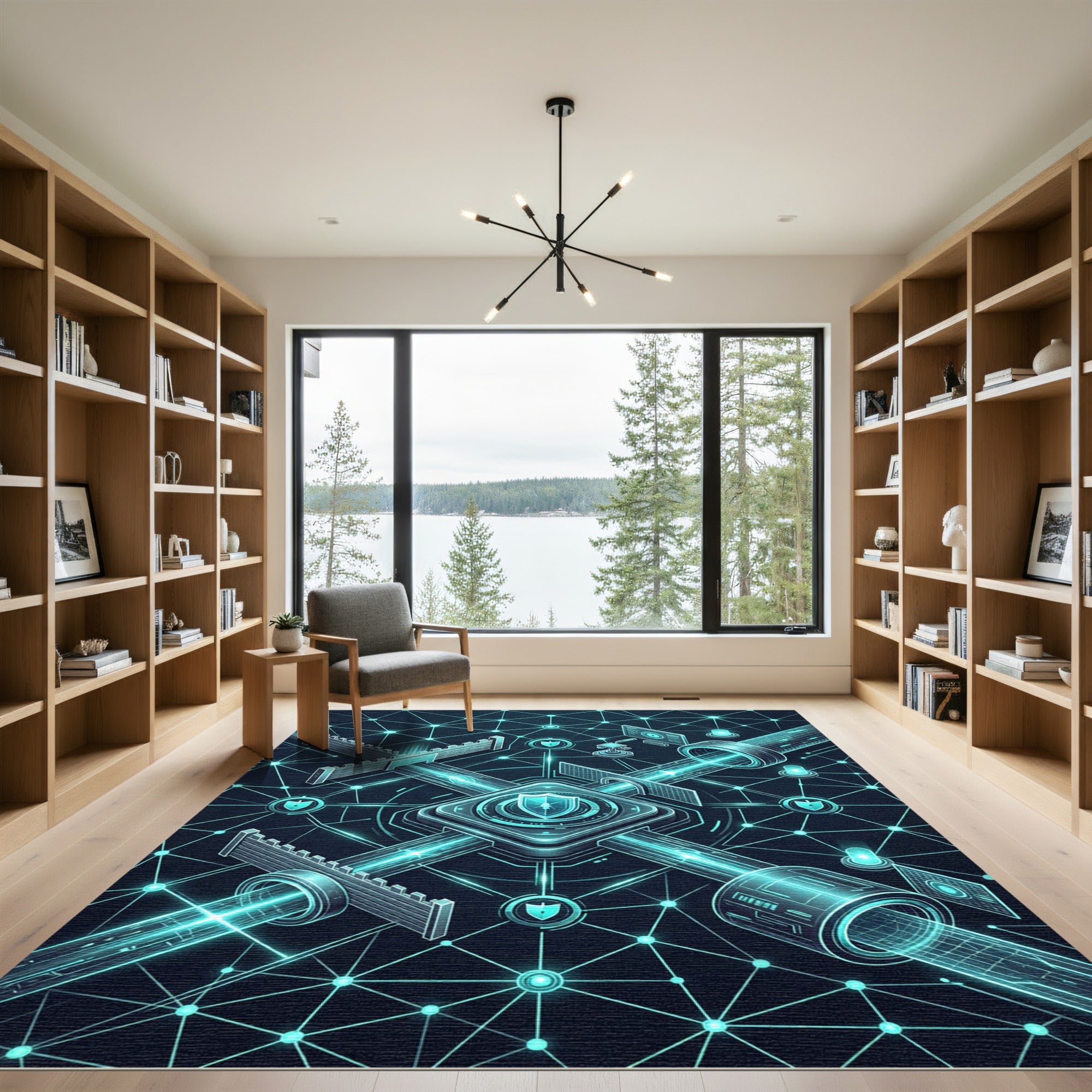 Cyber Neon Shield Geometric Network Matrix Rug
