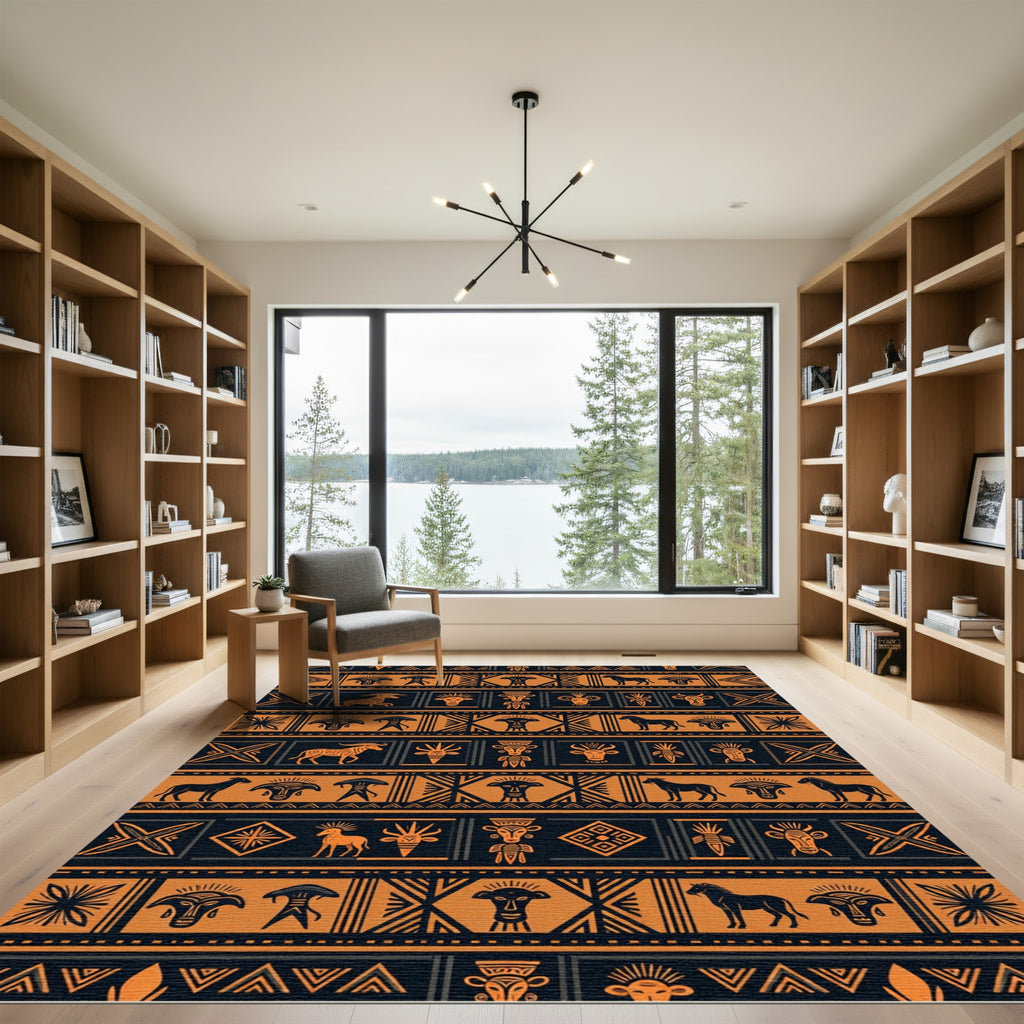 Tribal Ochre Animal Geometric Banded Rug