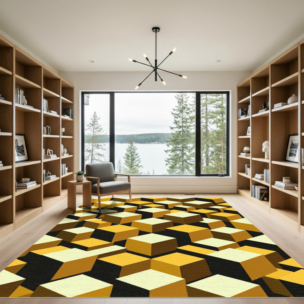 Geometric Golden Yellow Isometric Cube Abstract Rug