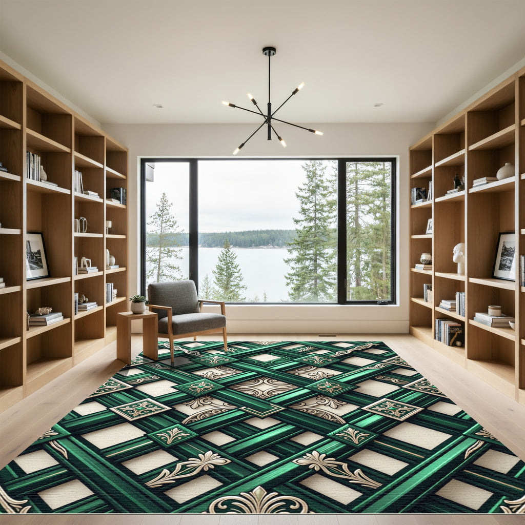 Emerald Green Interlocking Lattice Medallion Rug
