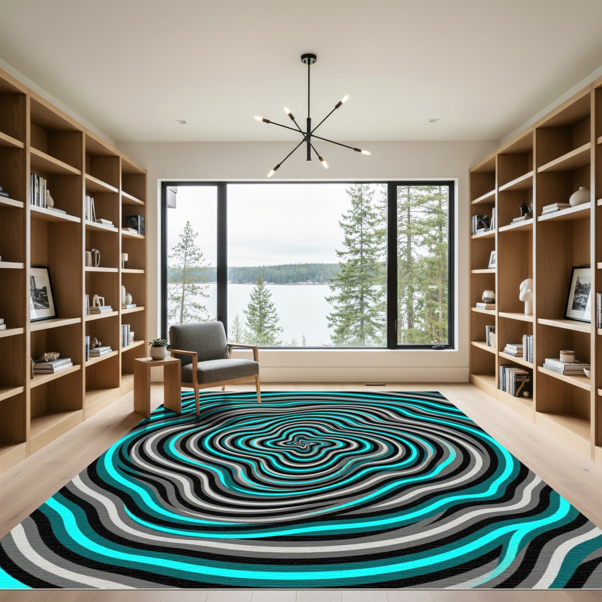 Cyan and Gray Hypnotic Vortex Swirl Rug