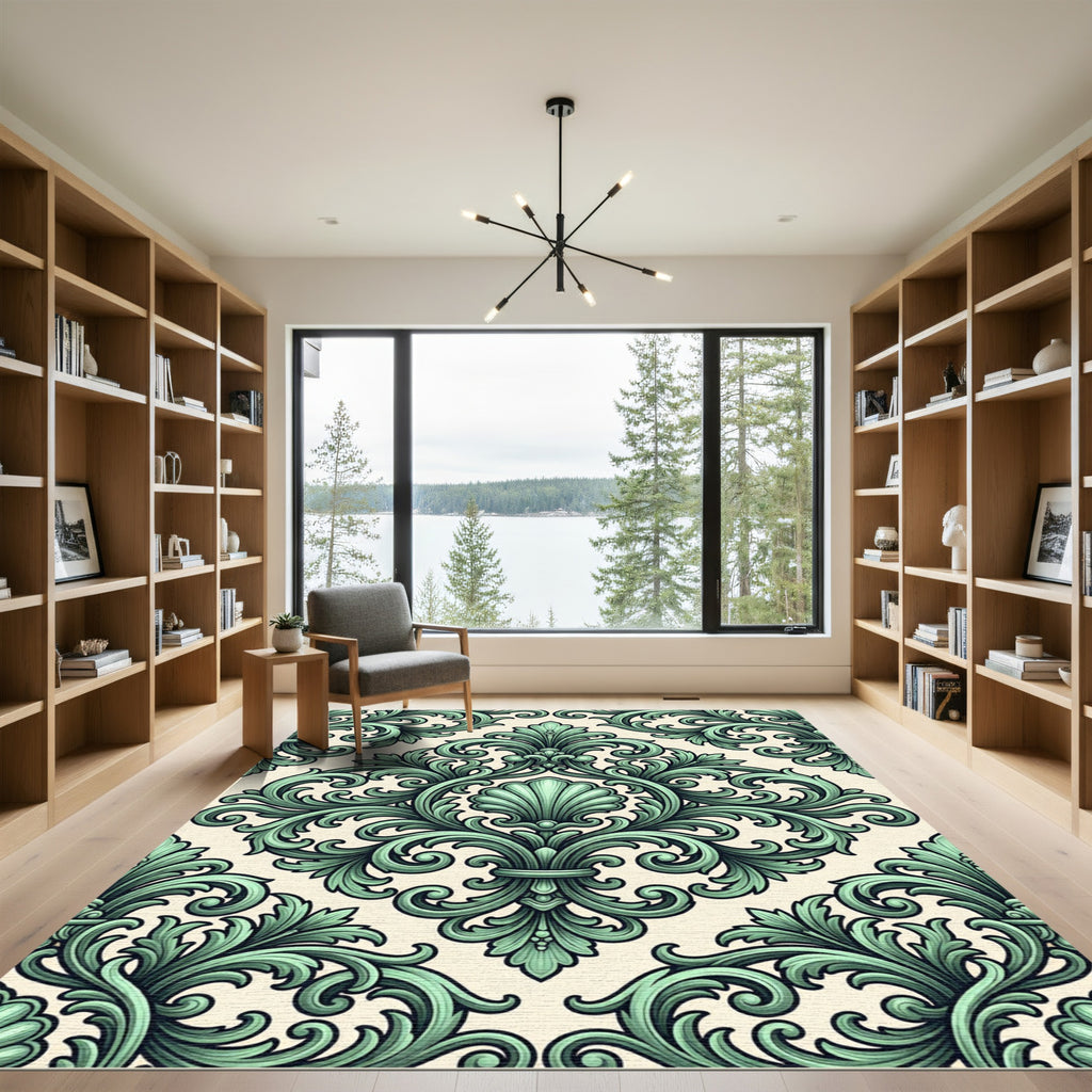 Sage Green Ornate Acanthus Shell Damask Rug