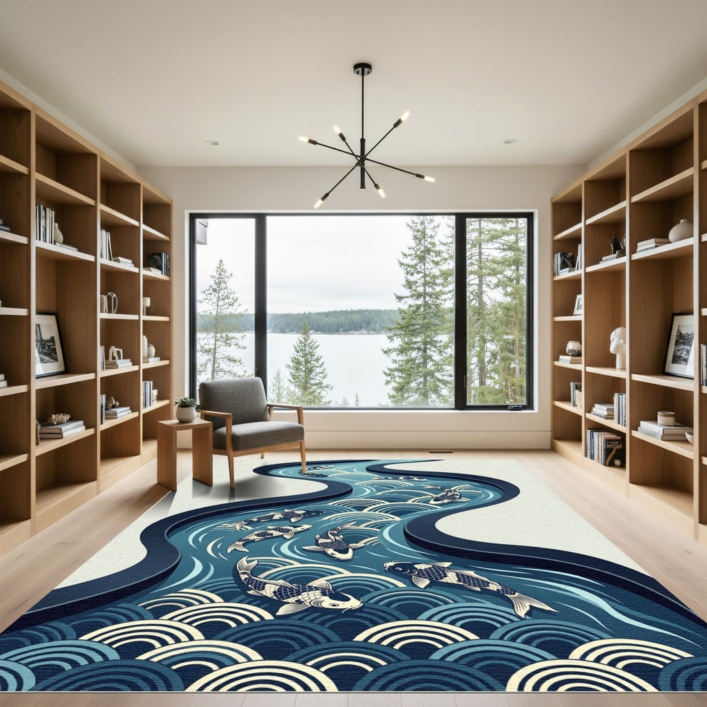 Indigo Zen Koi Wave River Rug