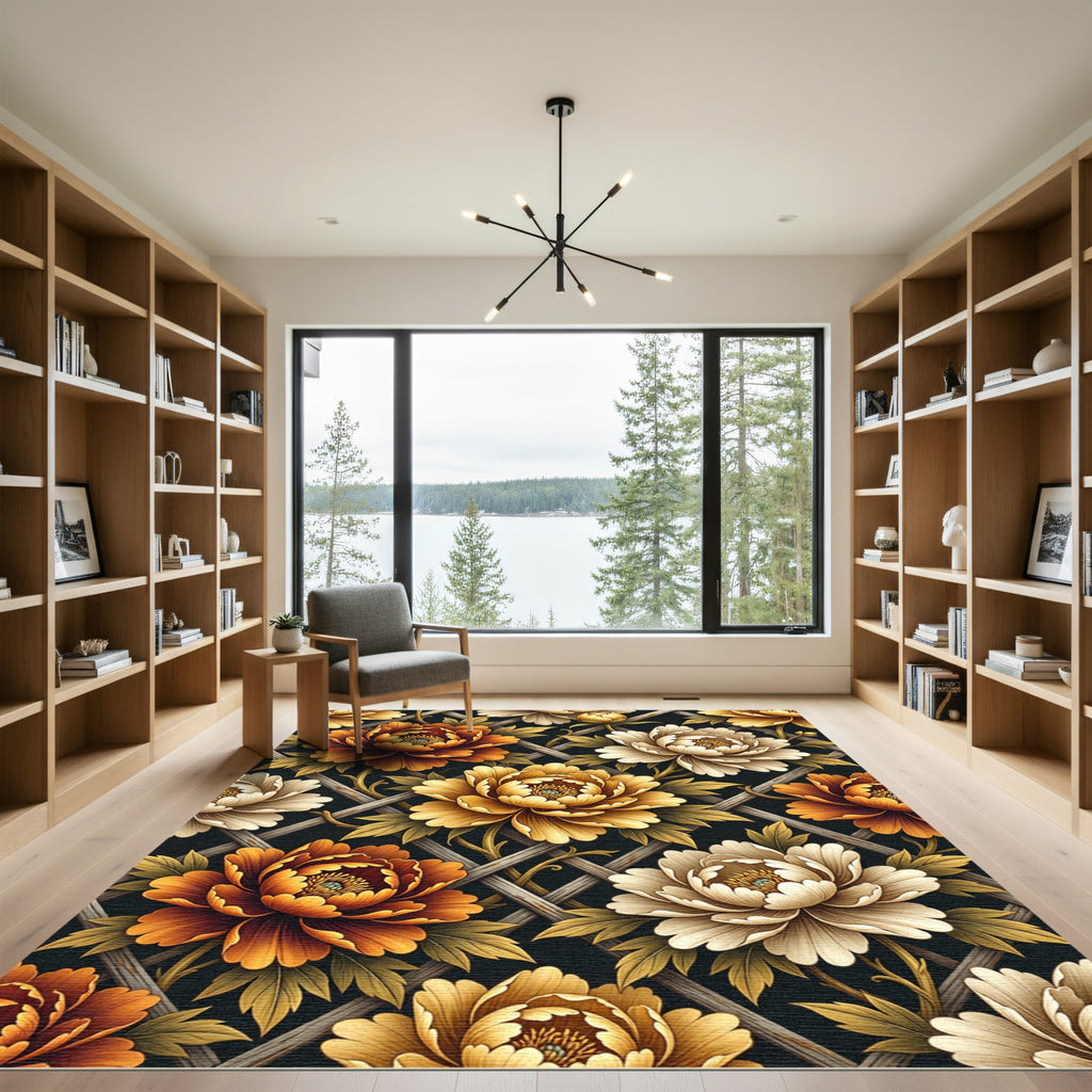 Golden Peony Lattice Floral Charcoal Rug