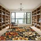 Golden Peony Lattice Floral Charcoal Rug