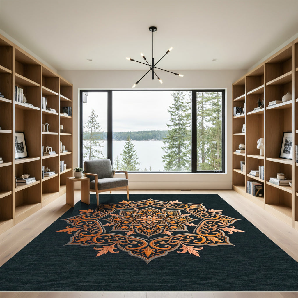 Golden Orange Intricate Floral Mandala Rug