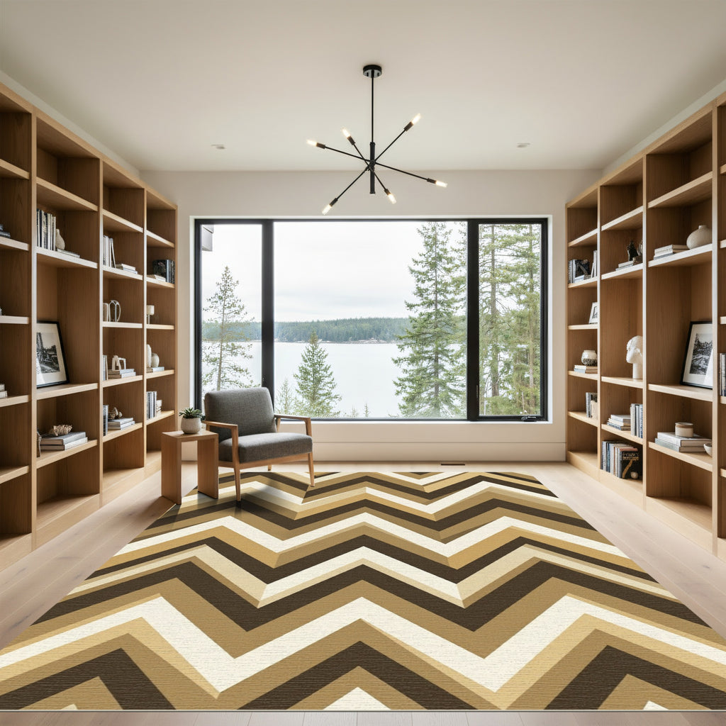 Neutral Brown Chevron Geometric Zigzag Rug