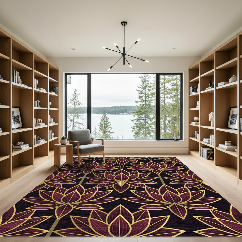 Art Deco Burgundy Lotus Gold Tress Rug