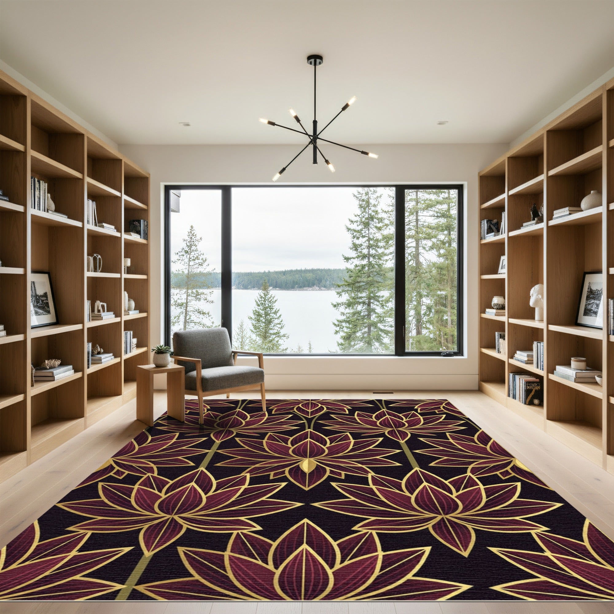 Art Deco Burgundy Lotus Gold Tress Rug