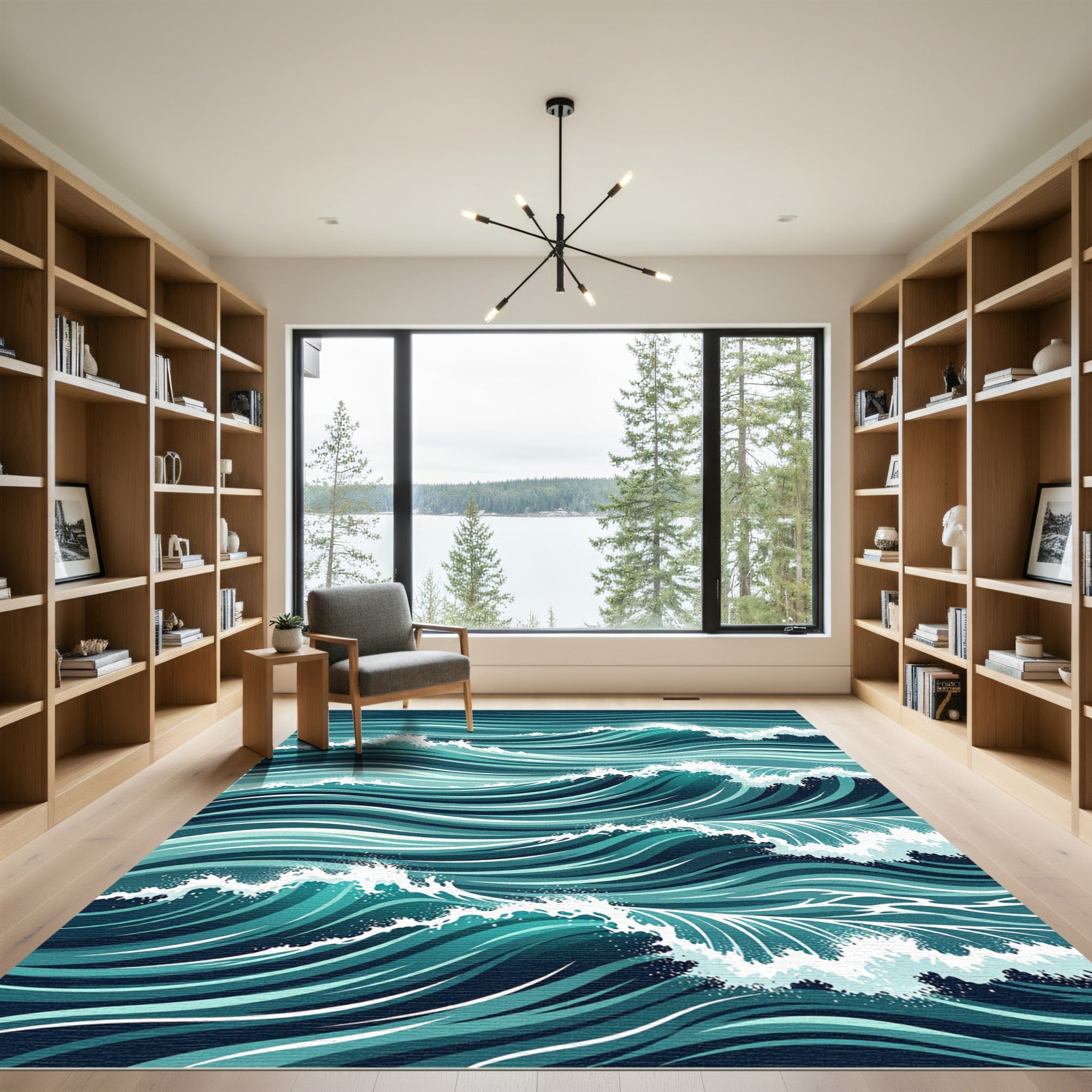 Dynamic Teal Ocean Wave Illustration Rug